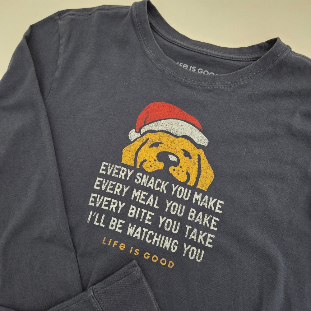 Life is Good Crusher Tee Navy Blue Christmas Dog Watching You Mens Small